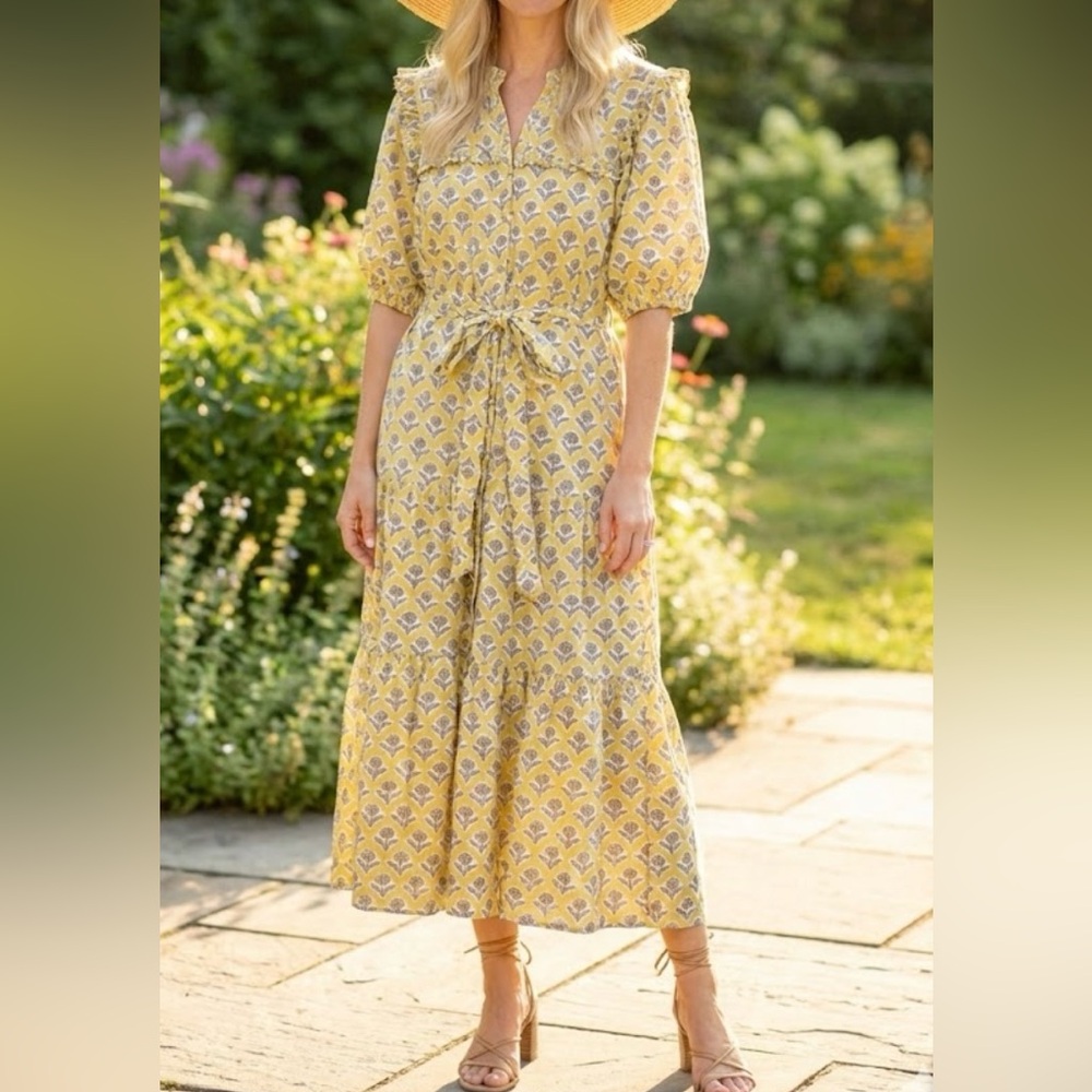 Lola Australia yellow floral tiered midi dress ruffle detail button front large
